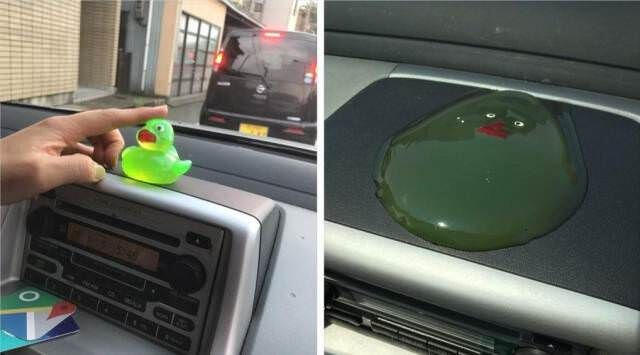 [on the left, an image of a translucent green rubber duck on a car dashboard. on the right is an image presumably taken after it was left in the sun for hours, where it is melted into a puddle.]